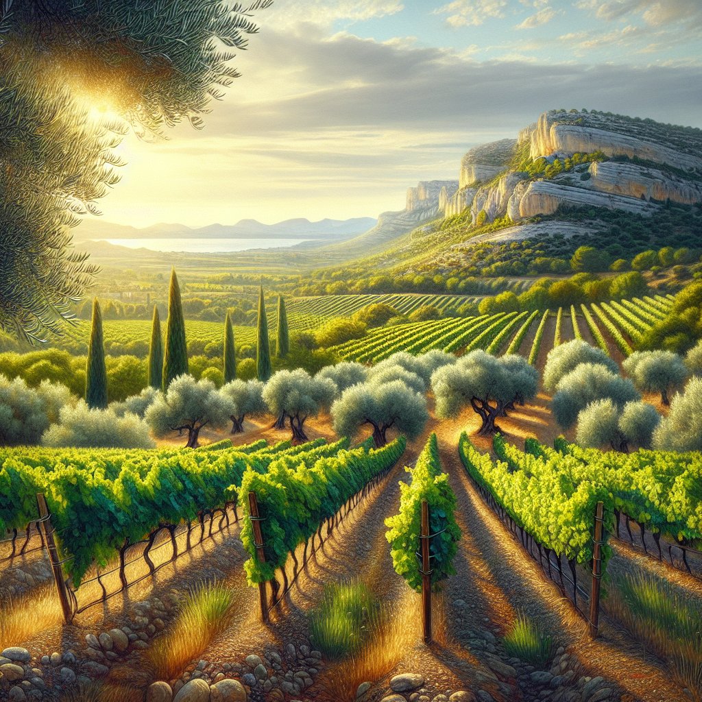 Cánh đồng nho tại Languedoc-Roussillon dưới nắng chiều dịu nhẹ, khắc họa rõ nét vùng đất rượu vang Địa Trung Hải