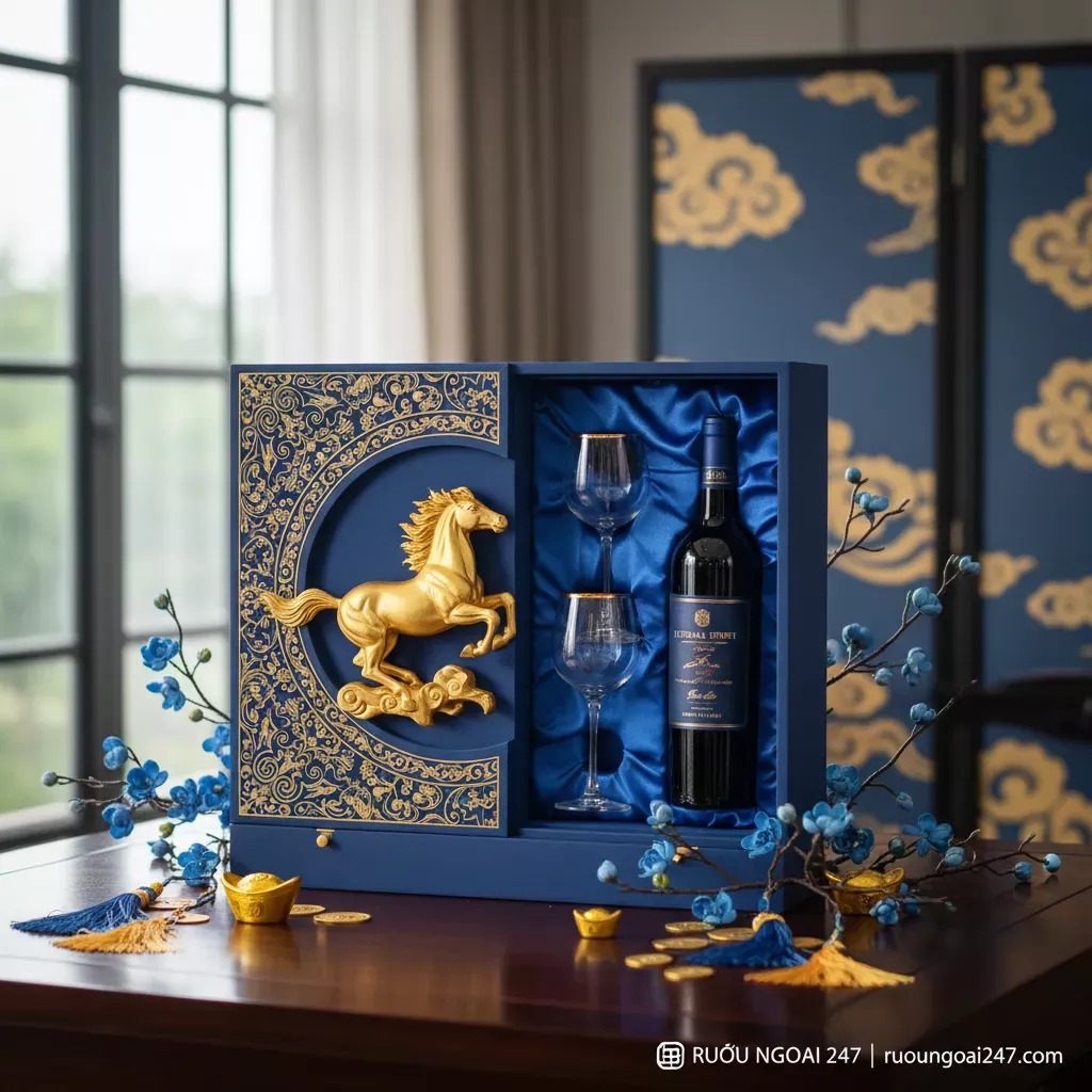 1. Hộp quà rượu Tết chạm khắc ngựa vàng