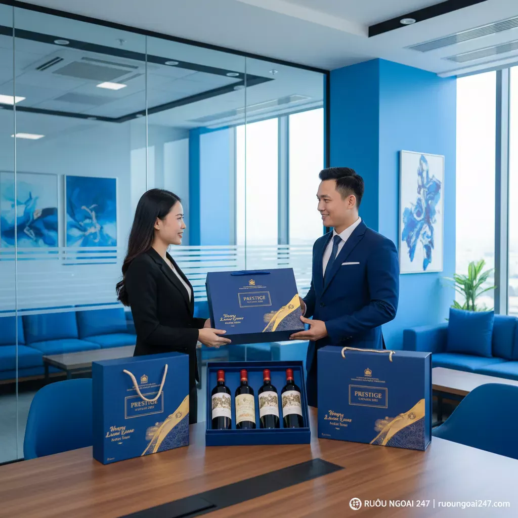 2. Doanh nhân tặng rượu Tết trong văn phòng hiện đại
