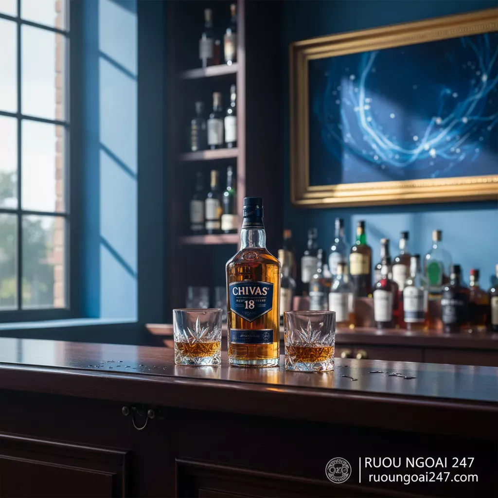 Review Chivas 18 – Sang trọng & đẳng cấp whisky Scotch 3 2. Chai Chivas 18 trên quầy bar gỗ sang trọng