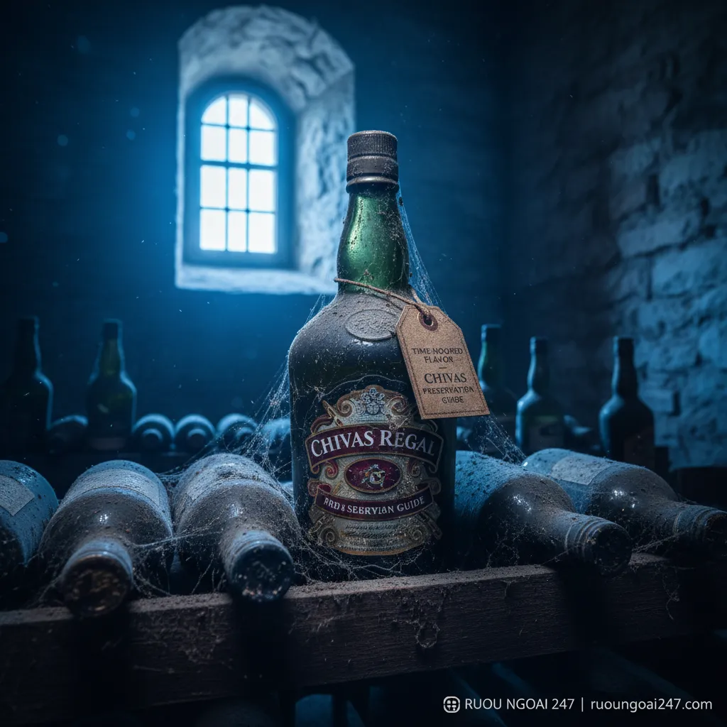 Hướng dẫn bảo quản rượu Chivas để giữ hương vị lâu 2 Chai Chivas phủ bụi thời gian trong hầm rượu
